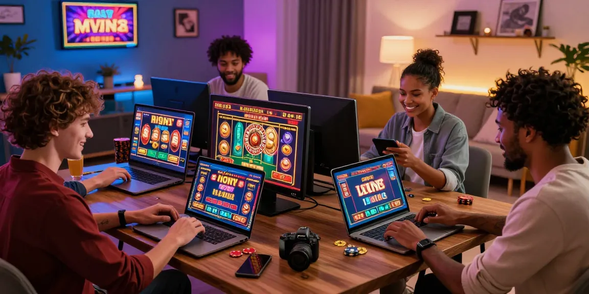 Scène de jeu excitante de casino en ligne avec des joueurs divers profitant de divers jeux sur ordinateurs portables et smartphones, créant une expérience immersive.