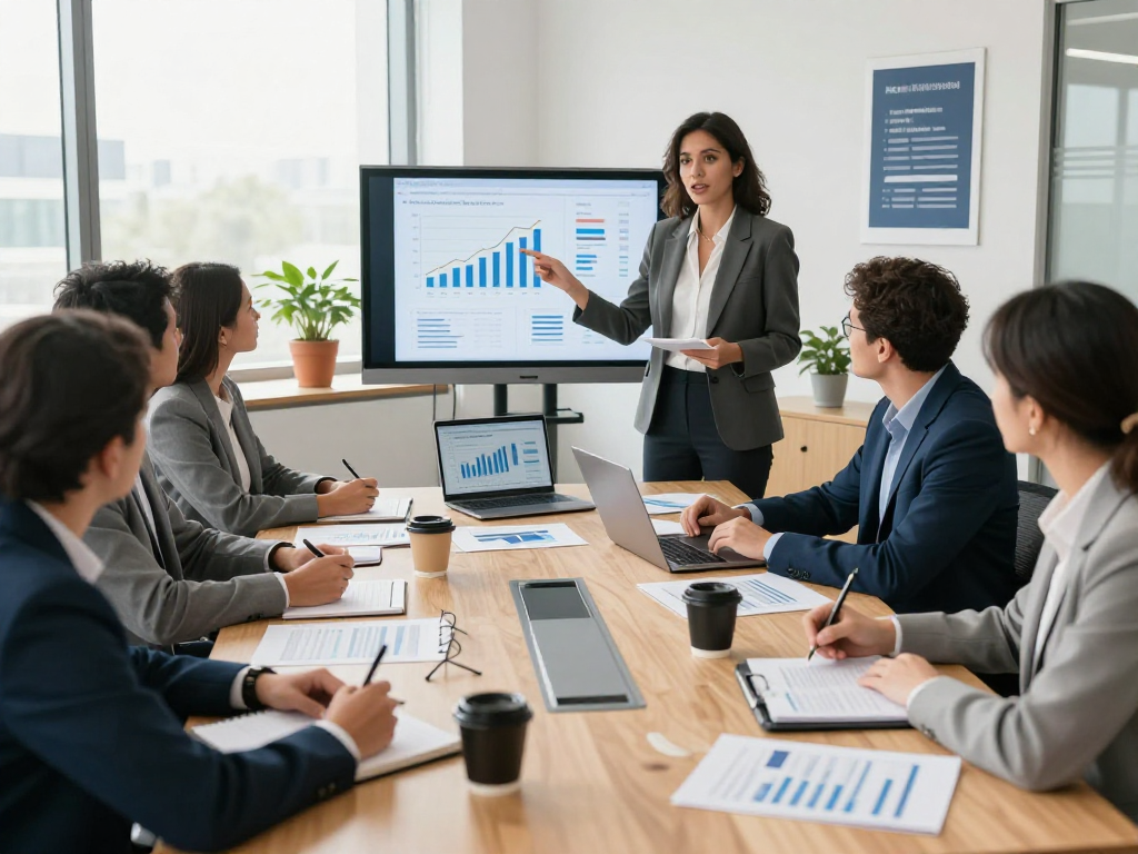 Financial consultants collaborating at https://koperasisantun.com/ meeting, showcasing investment strategies with dynamic presentations and engaging discussions.