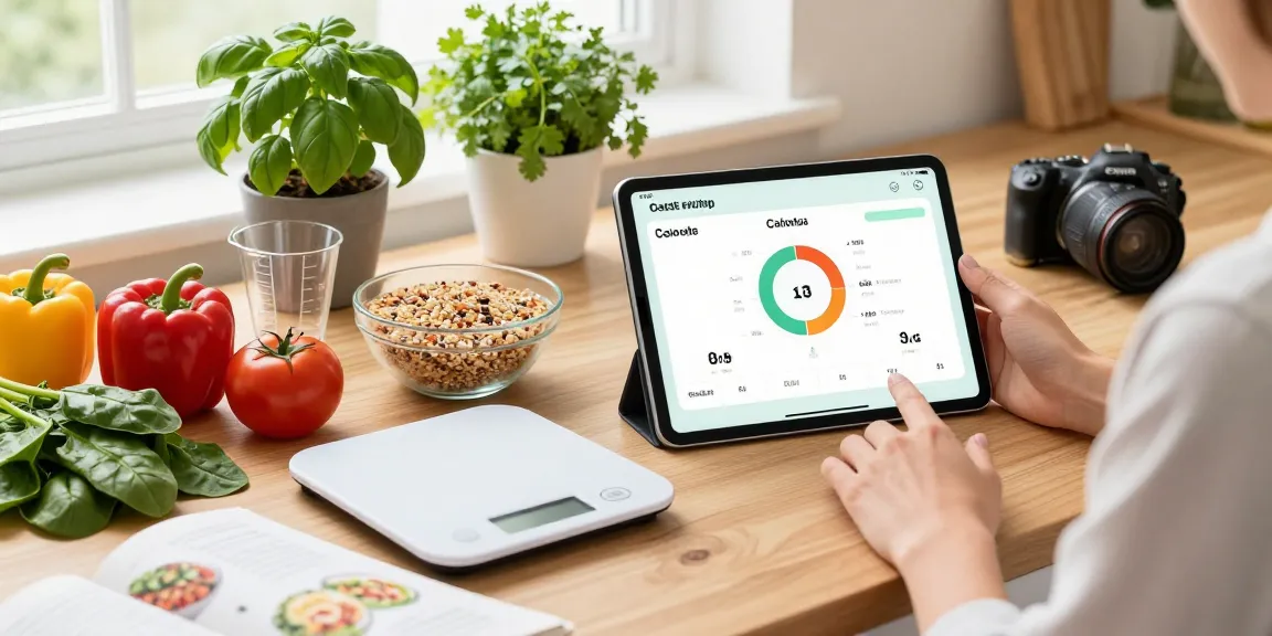 Health-conscious individual using the best food tracking app while preparing fresh ingredients in a bright kitchen.