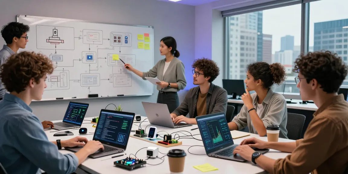 Engineers collaborating on What are IoT projects in a modern workspace with devices and data analytics