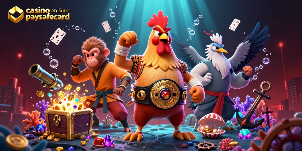 Les personnages de casino en ligne paysafecard avec un coq Muay Thai et un singe Shaolin entourés de trésors sous-marins.