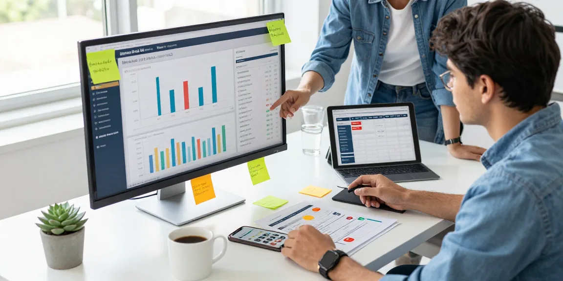 Marketing specialist analyzing data to effectively follow page strategies in a bright office.