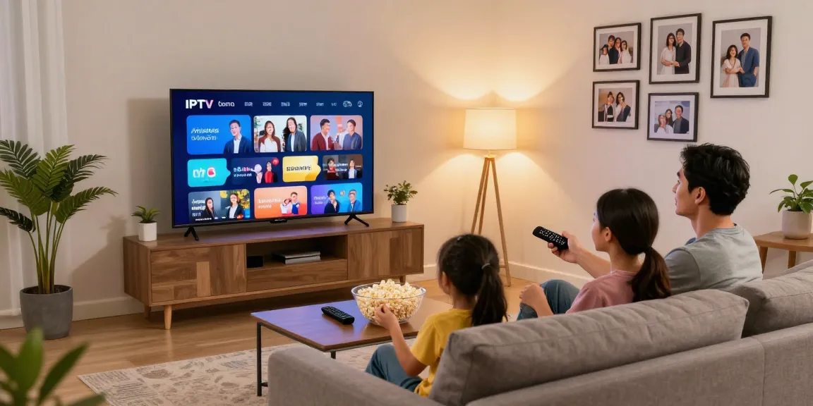 Family enjoying the best IPTV Ireland experience in a cozy living room, showcasing vibrant channels.