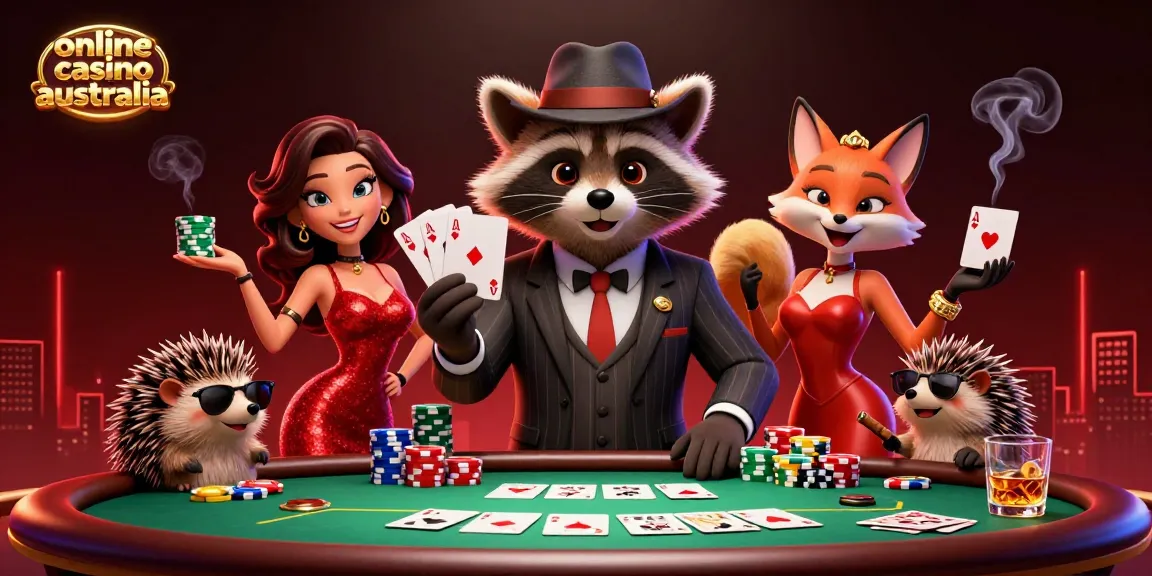 Engaging scene depicting online casino Australia with a charming raccoon holding a royal flush and vibrant poker elements.