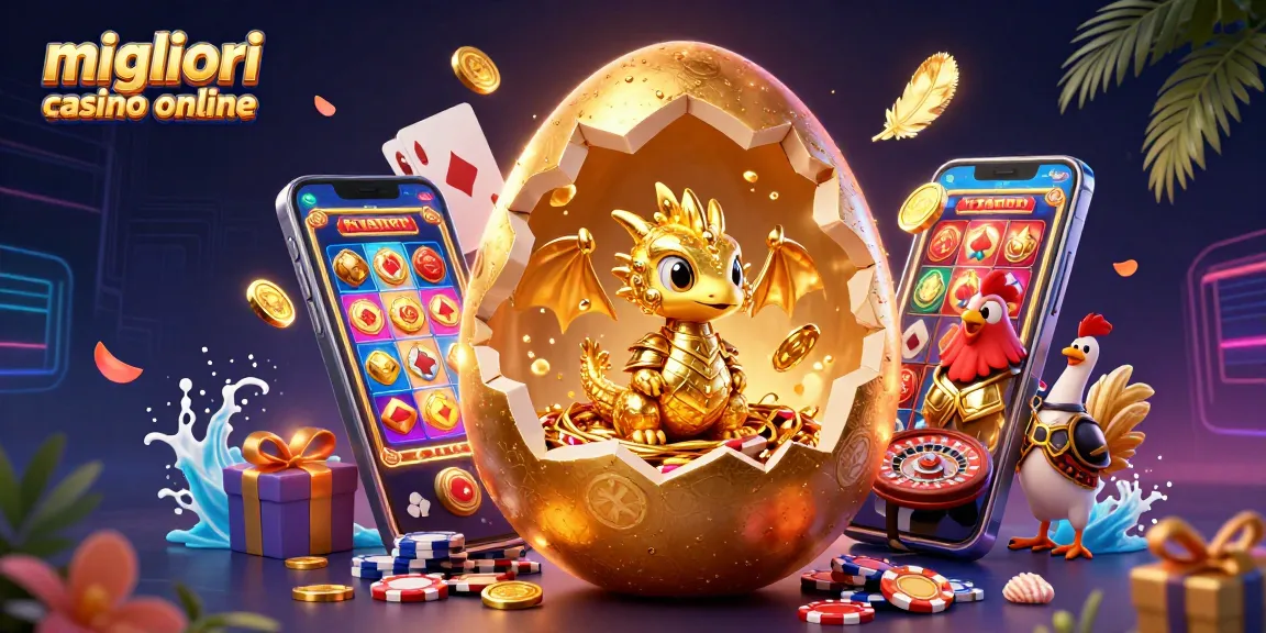 Migliori casino online: scopri un'illustrazione coinvolgente con un drago d'oro e elementi di gioco emozionanti.