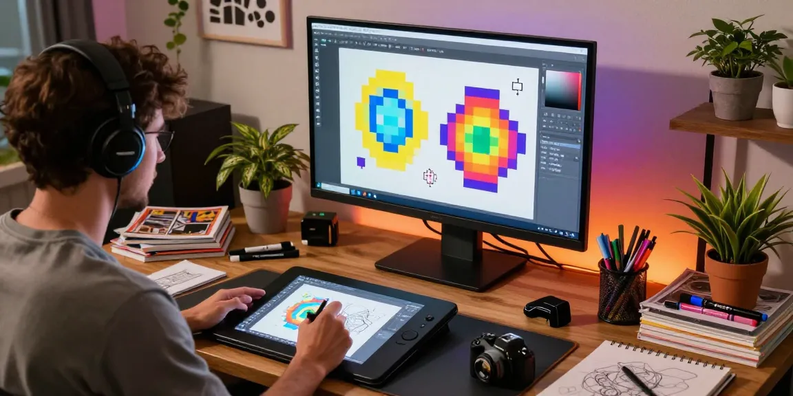 Vibrant pixel art display in an artist's workspace, with an artist sketching on a digital tablet.