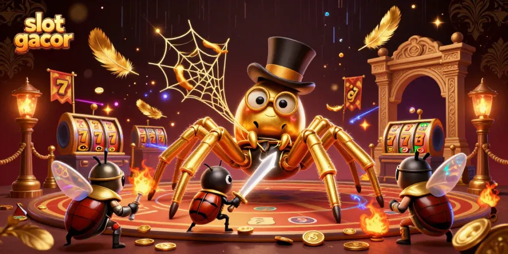 Experience the excitement of slot gacor with a vivid scene of a golden tarantula and brave beetle knight.