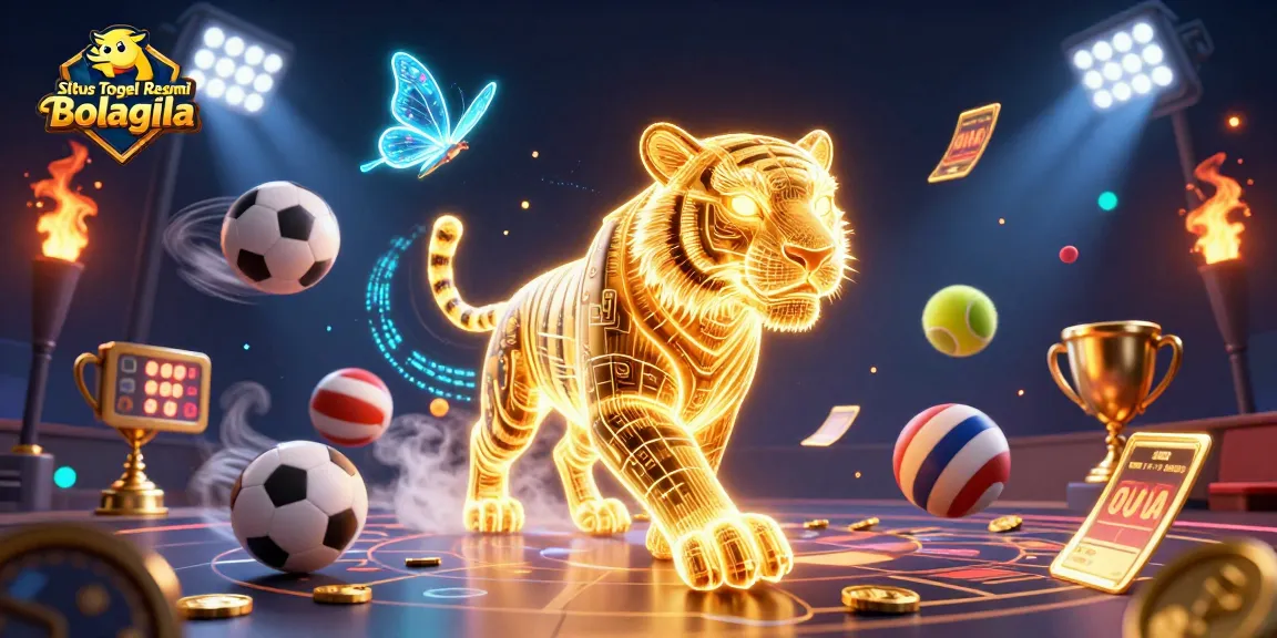 Situs Togel Resmi Bolagila menampilkan harimau emas berenergi di lanskap kasino digital untuk taruhan menarik.