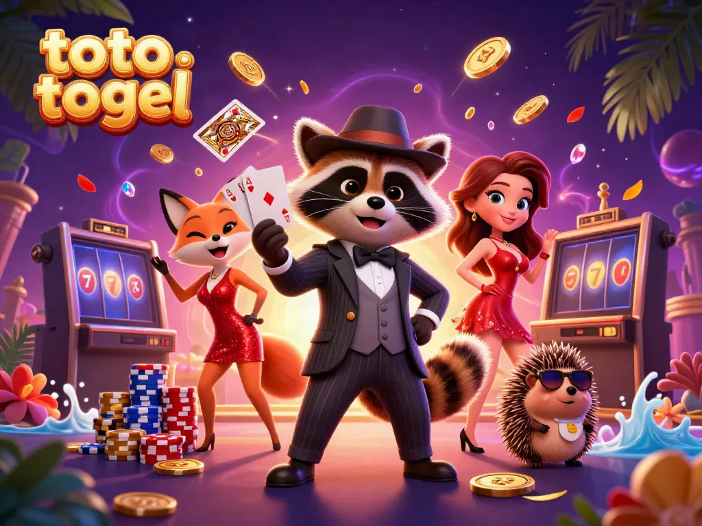 Experience thrilling toto togel gameplay with raccoon, fox, and hedgehog characters amidst dynamic casino elements.