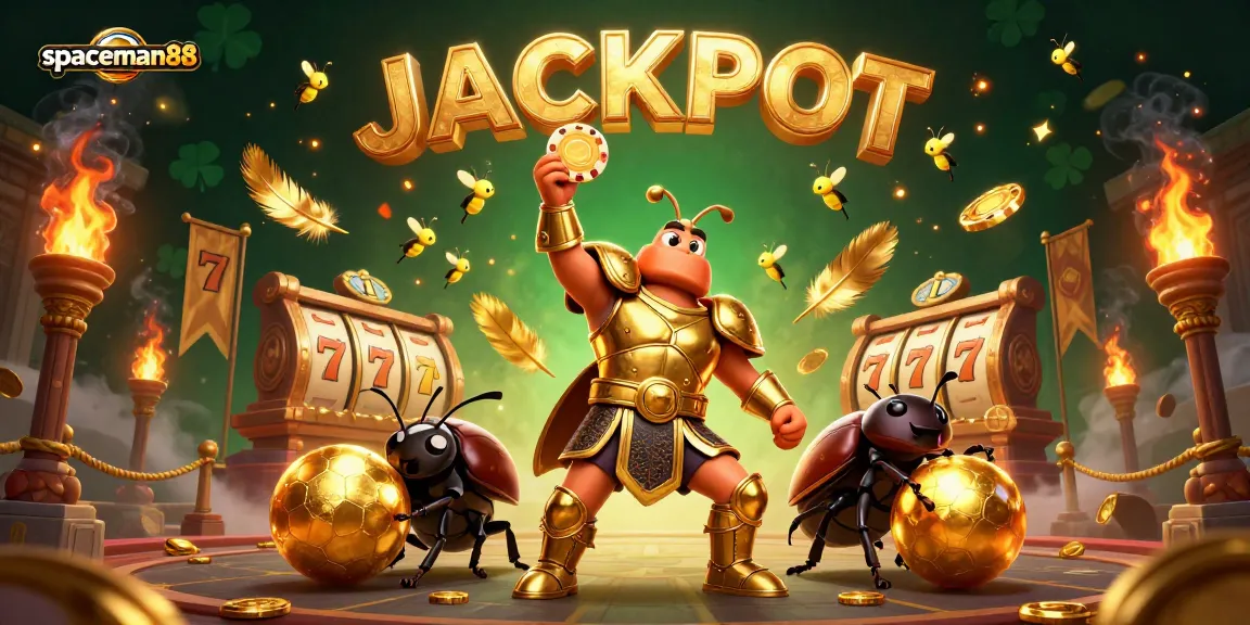 Spaceman88 lifts a poker chip in victory, surrounded by jackpot-themed casino elements.