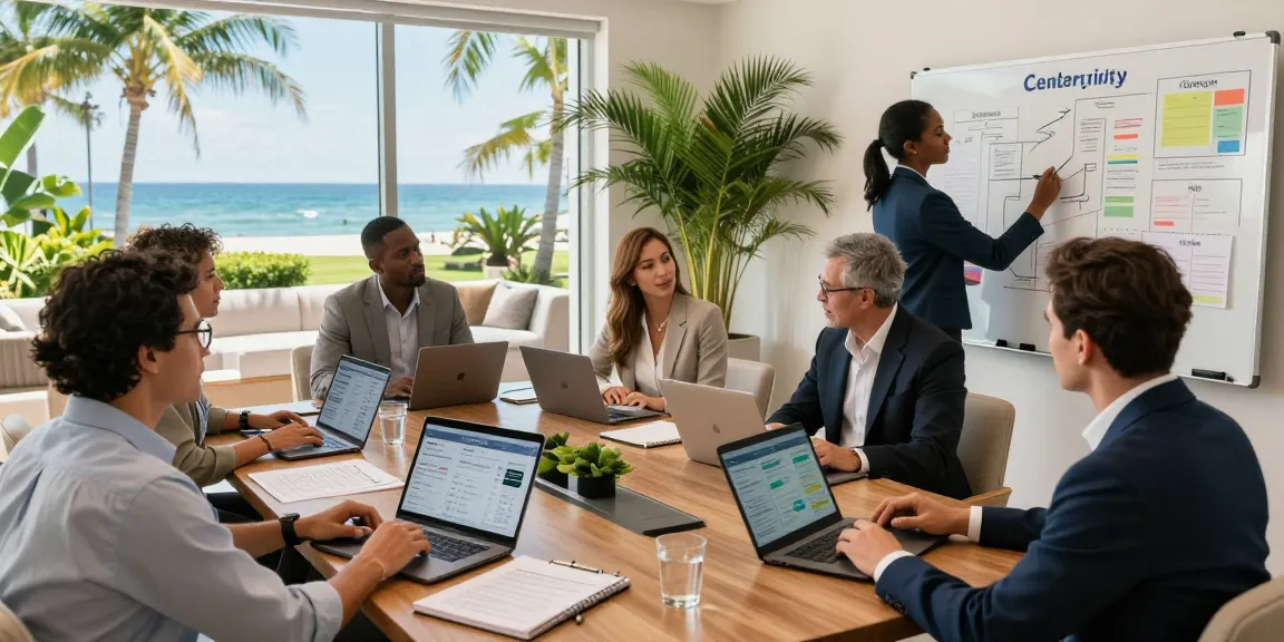 Palm Beach private club executive jobs highlighted in a meeting with diverse professionals strategizing in a conference room with a scenic coastal view.
