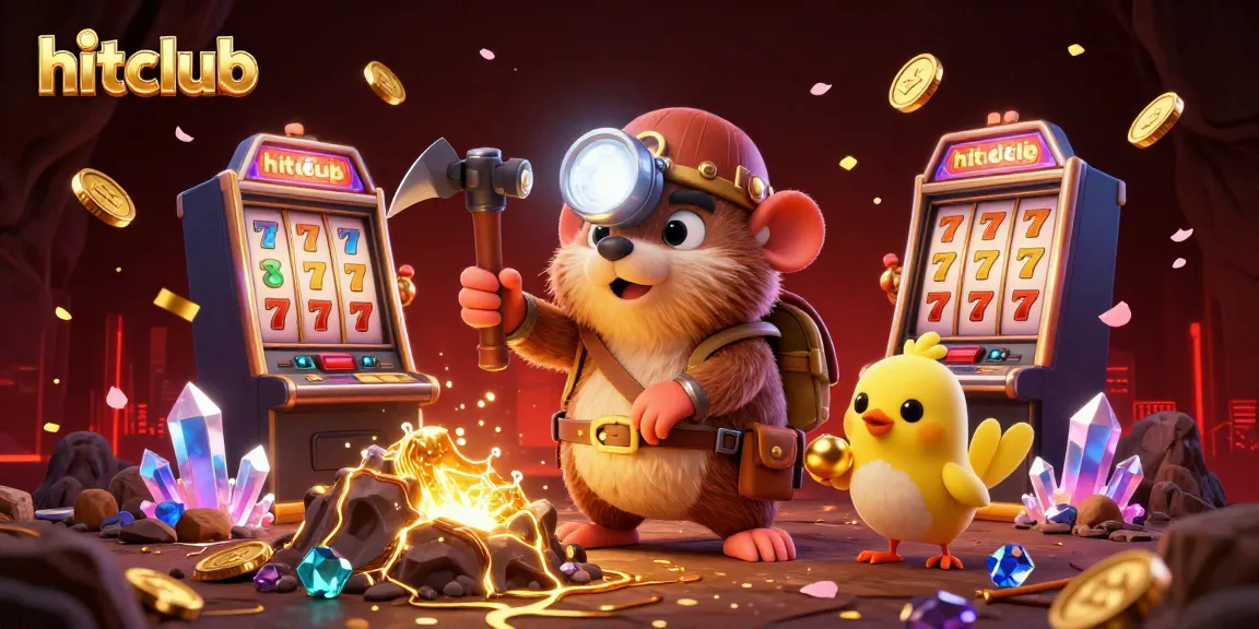 Hitclub treasure hunter mole and canary amidst slot machines in a rich 3D casino scene.