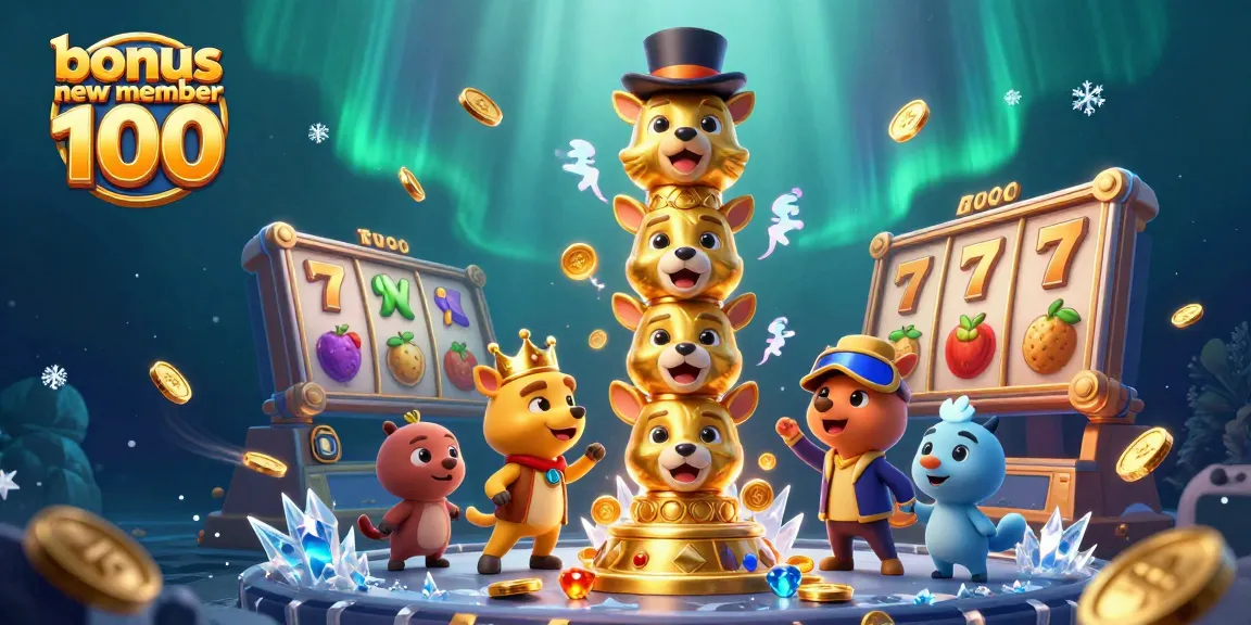 Engage with the exciting world of bonuses, featuring "bonus new member 100" within a vibrant casino-themed scene showcasing slots.