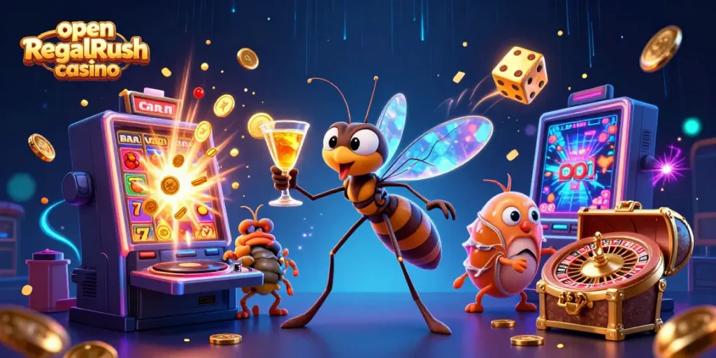 Spin to win at open RegalRush casino with vibrant characters, games, and action!