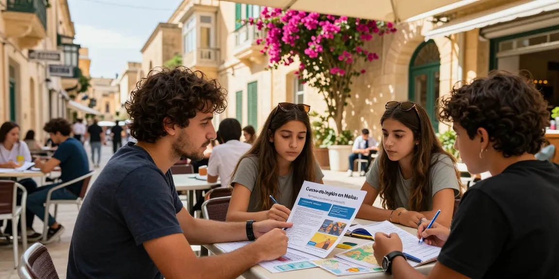Viajero comprometido explorando Cursos de inglés en Malta con estudiantes locales en un entorno callejero vibrante, mostrando la experiencia de aprendizaje de idiomas.