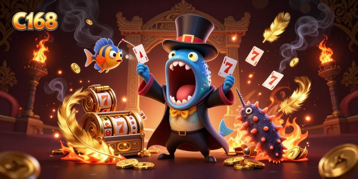 C168 showcases a vibrant 3D scene with a deep-sea gulper eel performing card tricks amidst a dynamic gambling atmosphere.