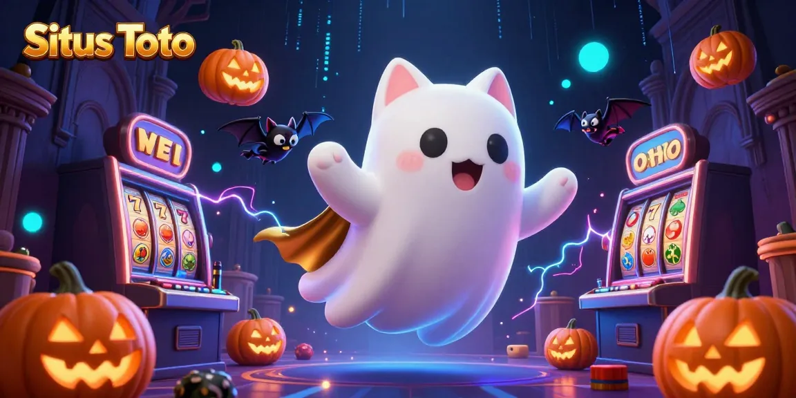 Situs Toto offers thrilling slots experience with ghost cat and vampire bat in a vibrant casino.