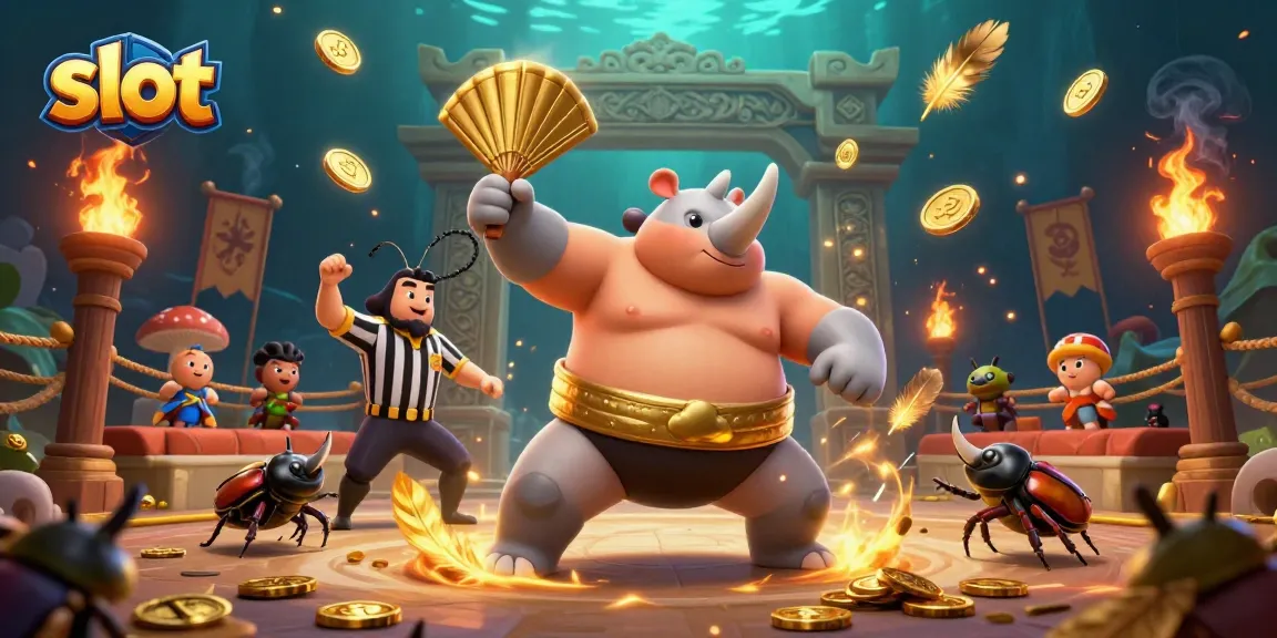 Memenangkan slot dengan keahlian bersama dengan juara sumo kepiting dan penonton kecil di arena pertarungan.