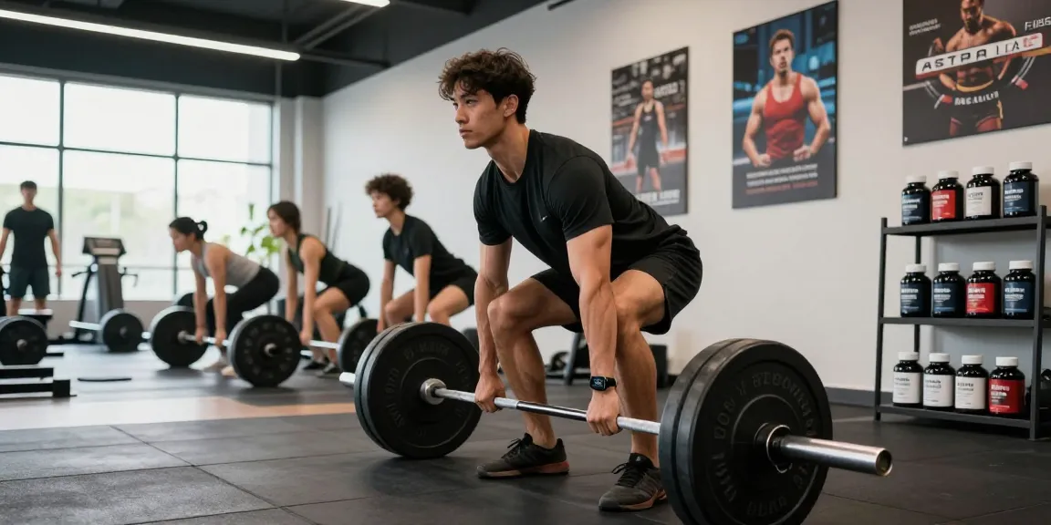 Dynamic workout scene at the Astera Steroids Shop showcasing fitness enthusiasts using Astera Labs products for strength training.