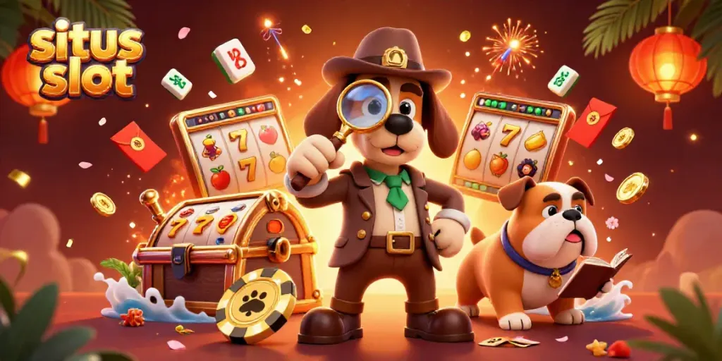 Engage with situs slot action featuring a detective and companion with poker chips and vibrant symbols.