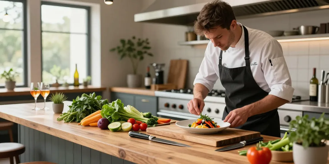 ออกแบบร้านอาหาร showcasing a chef plating a vibrant dish in a stylish rustic kitchen, bright natural light enhances the inviting atmosphere.