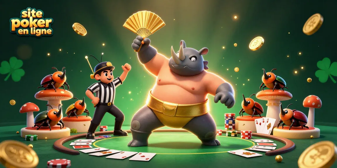 Profitez de l'excitation du site poker en ligne avec un combat palpitant entre un scarabée sumo et un arbitre, entouré de jetons et cartes.