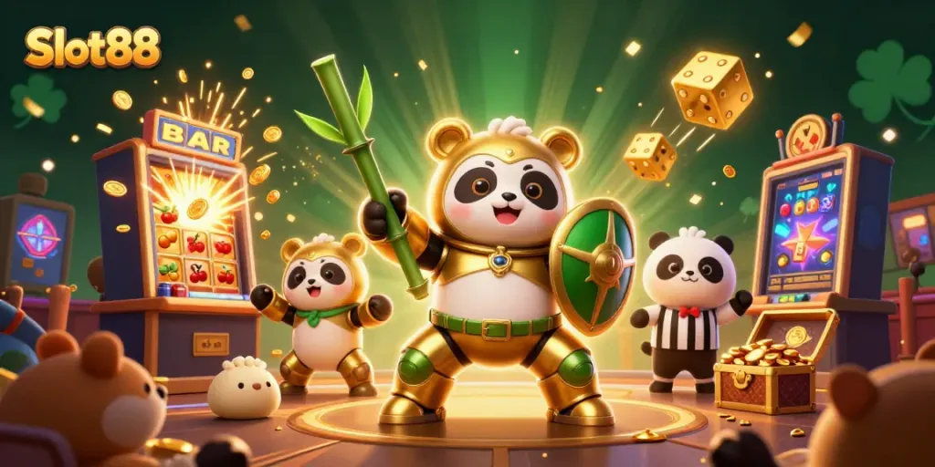 Permainan Slot88 dengan pemandangan menarik dan simbol kemenangan seperti jackpot dan koin bersinar.