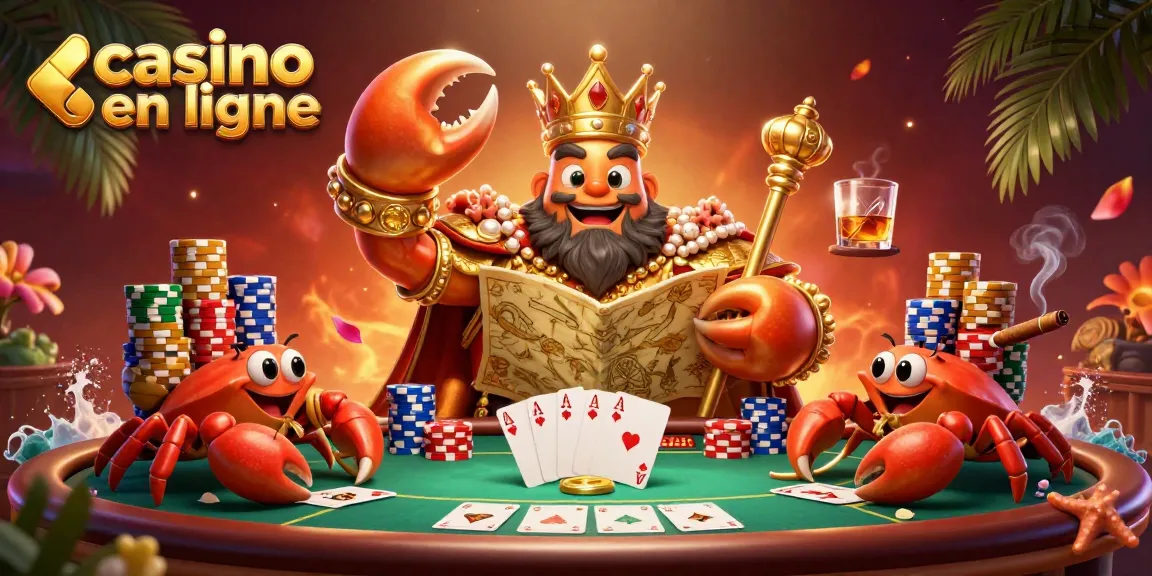 Jouez au casino en ligne avec un crabe empereur, servant des jetons dorés et des jeux de cartes colorés.