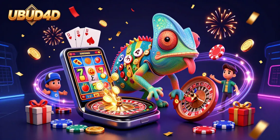 Experience the excitement of UBUD4D with a vibrant online casino scene showcasing dynamic games and energetic characters.