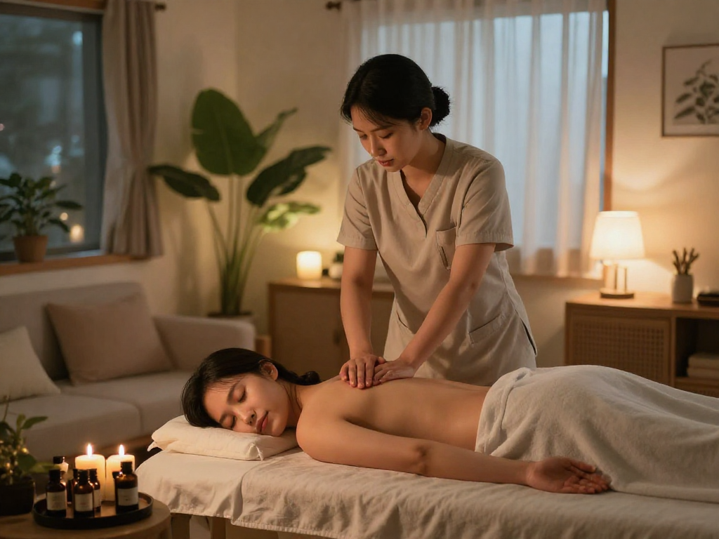 Professional at-home 종로출장 massage service with calming ambiance and therapist at work.