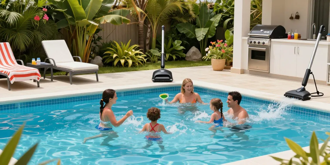 Family enjoying a sunny day at the pool with oprema za bazene setup for maintenance and relaxation.