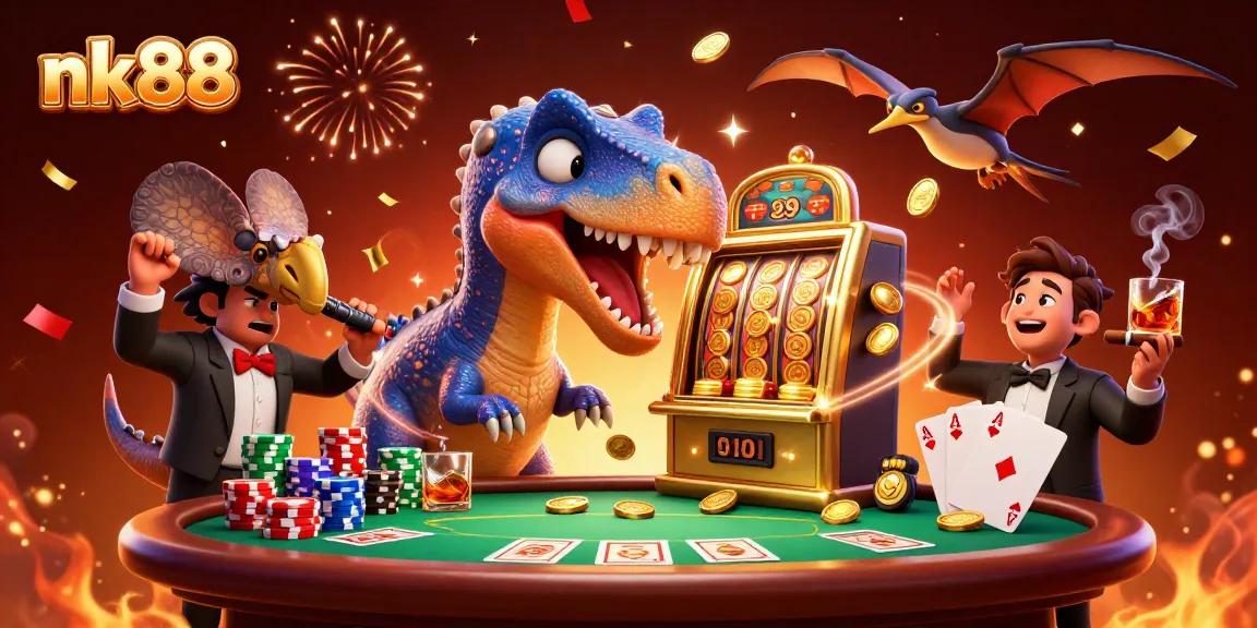 Engage in thrilling gameplay at nk88 with an exciting casino scene featuring slot machines and poker games.