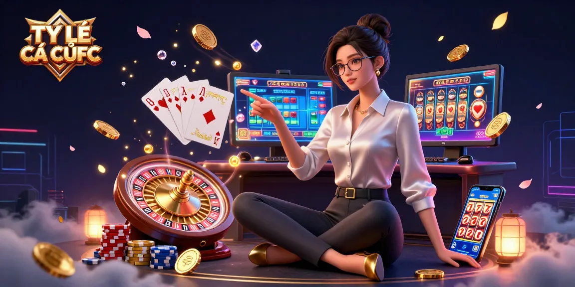 TỶ LỆ CÁ CƯỢC displays a dynamic sports betting scene with an elegant Asian woman gaming and vibrant casino elements.