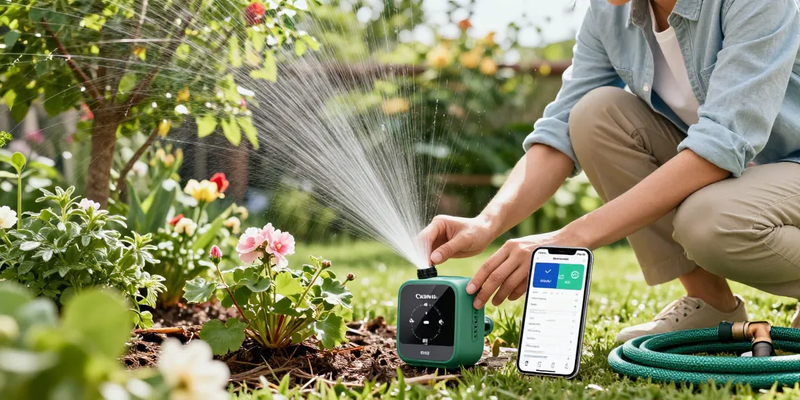 Homeowner using a rainpoint sprinkler timer in a vibrant garden to manage watering efficiently.