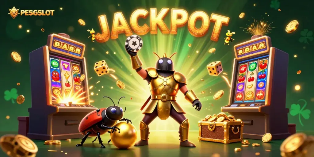 Menyambut jackpot dengan PESGSLOT, ilustrasi kasino yang memukau dengan berbagai elemen permainan slot dan karakter menarik.