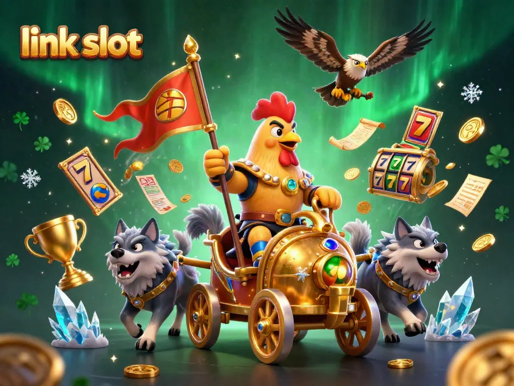 Menggelinding link slot dengan gulungan slot dan jackpot, dikelilingi elemen kasino.