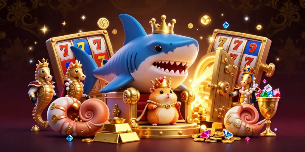 Slot online dengan raja hamster emas di singgasana gigi megalodon dan simbol keberuntungan.