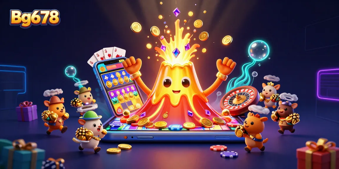 Engage with Bg678's lively 3D casino world featuring a golden volcano and slot game excitement.