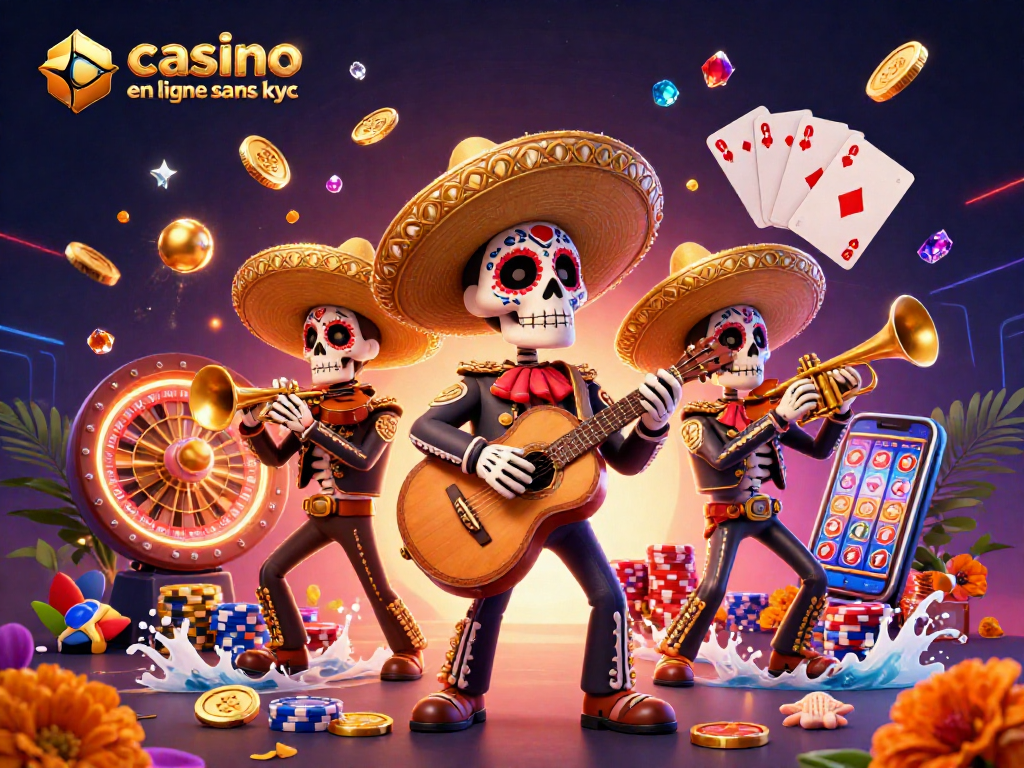 Profitez de l'expérience casino en ligne sans kyc avec une illustration festive des morts vivants du Dia de los Muertos.
