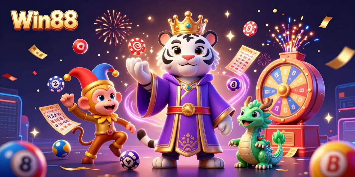 Win88 casino excitement depicted with a vibrant scene of characters, games, and dynamic elements.