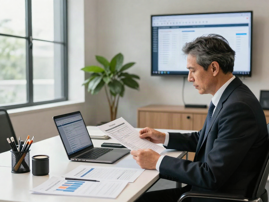 SMSF audit in progress with a professional auditor reviewing compliance documents in a modern office.