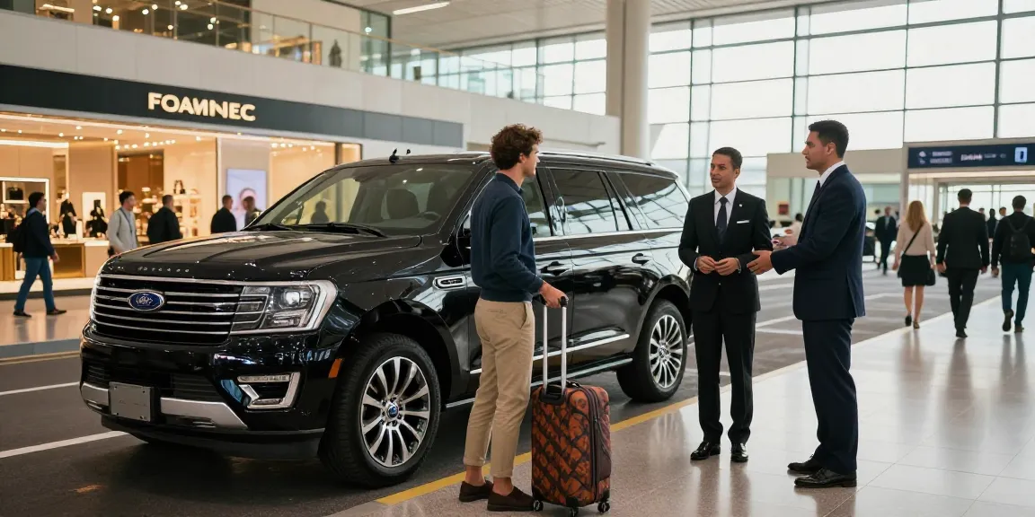 Luxury airport pickup Dubai with a traveler greeted by a professional chauffeur at the airport, showcasing elegance and luxury.