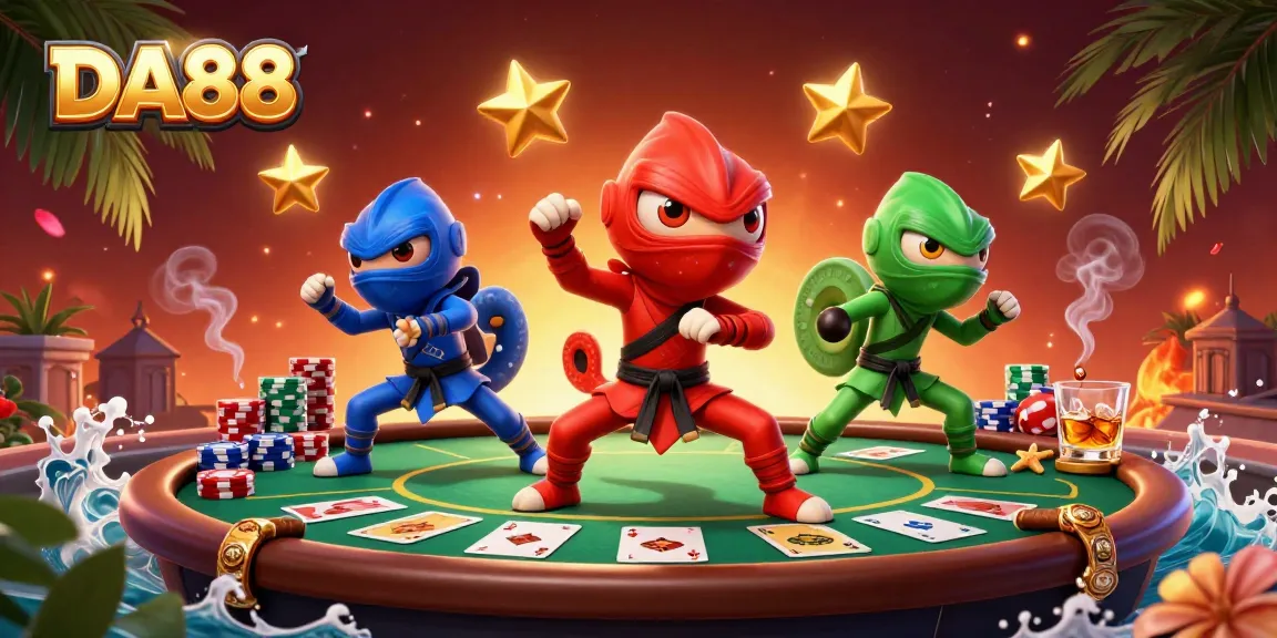 DA88 ninja chameleons engage in poker with vibrant casino atmosphere.