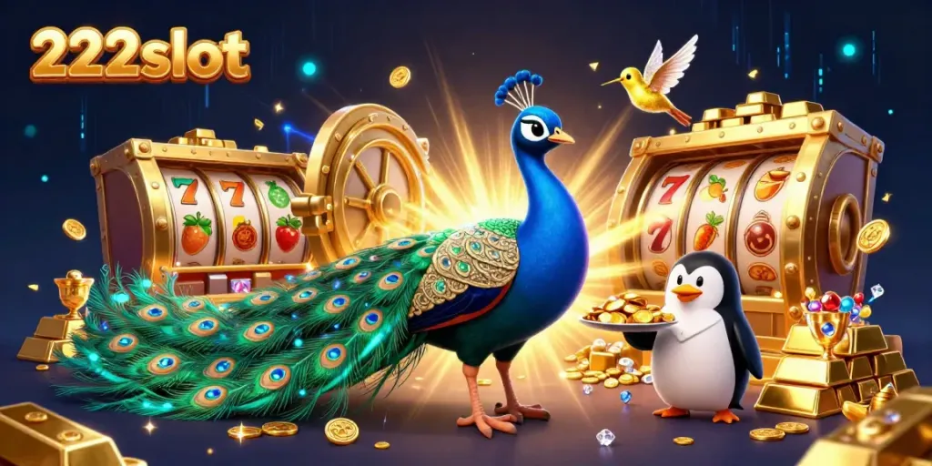 Gambaran slot mengasyikkan 222slot dengan karakter kartun berwarna cerah dan simbol mesin slot.