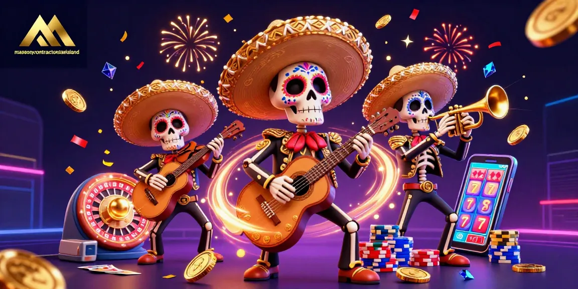 Engaging scene showcasing masonrycontractorstatenisland with vibrant skeleton mariachi band, spinning roulette, and slot symbols.