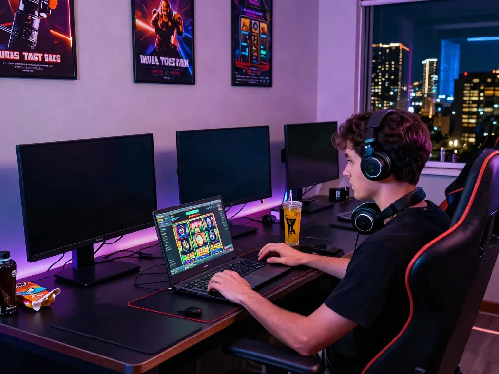 Player enjoying slot gacor games in a stylish gaming room with vibrant colors.