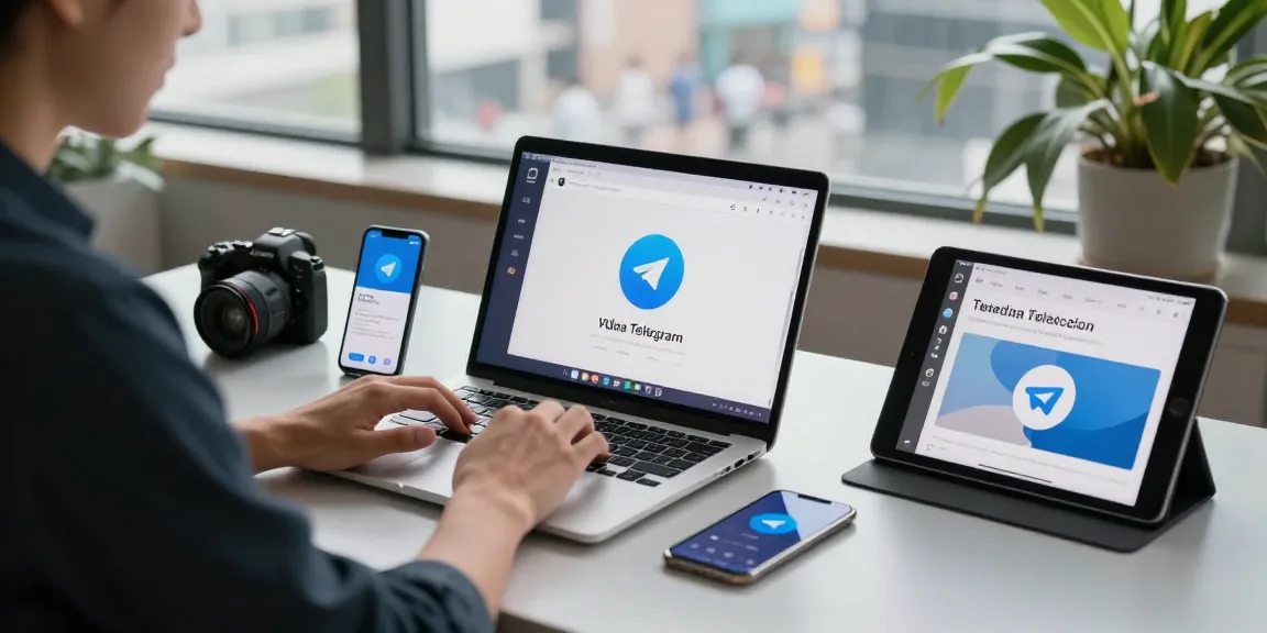 Using Telegram on a laptop in a modern workspace, highlighting a telegram account china setup and VPN application for access.