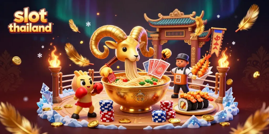 Engage with the exciting world of slot thailand featuring a vibrant illustration of a golden ramen bowl character amidst dynamic casino elements.