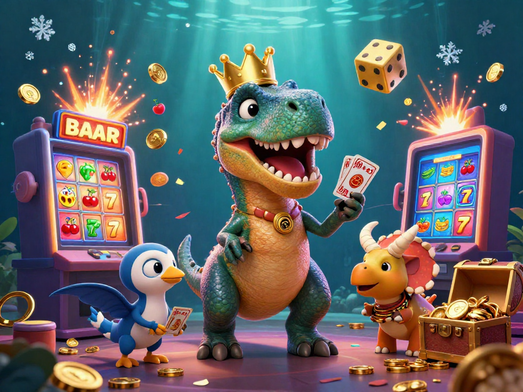 Situsjudibola-resmi offers thrilling gaming with a 3D cartoon T-Rex shuffling cards and vibrant casino elements.
