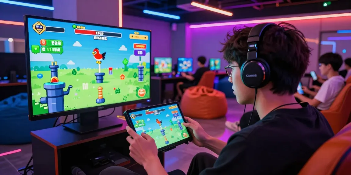 Tappy Bird by 100HP Gaming in an immersive gaming lounge with vibrant graphics and players engaged in competition.